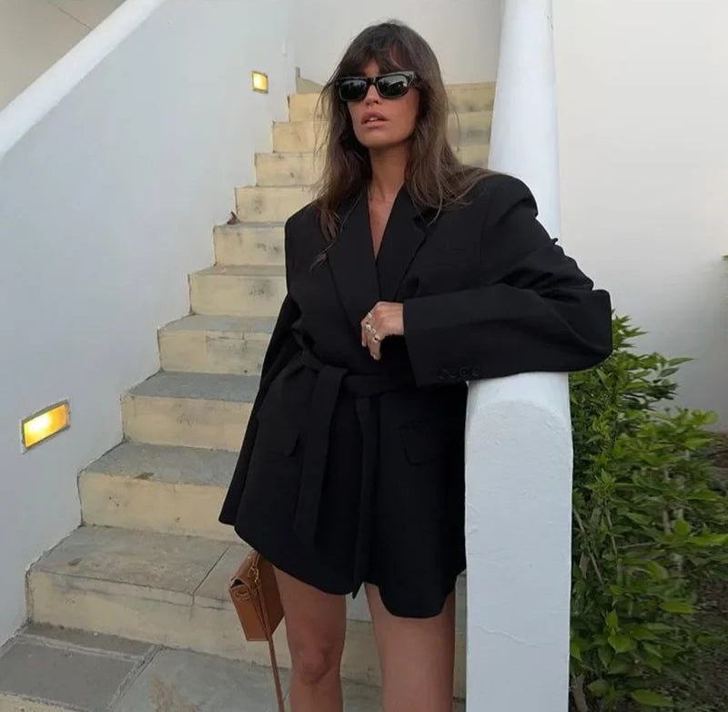 Blazer Femme Décontracté Ceinturé – Veste Élégante à Revers et Poches - Vestico