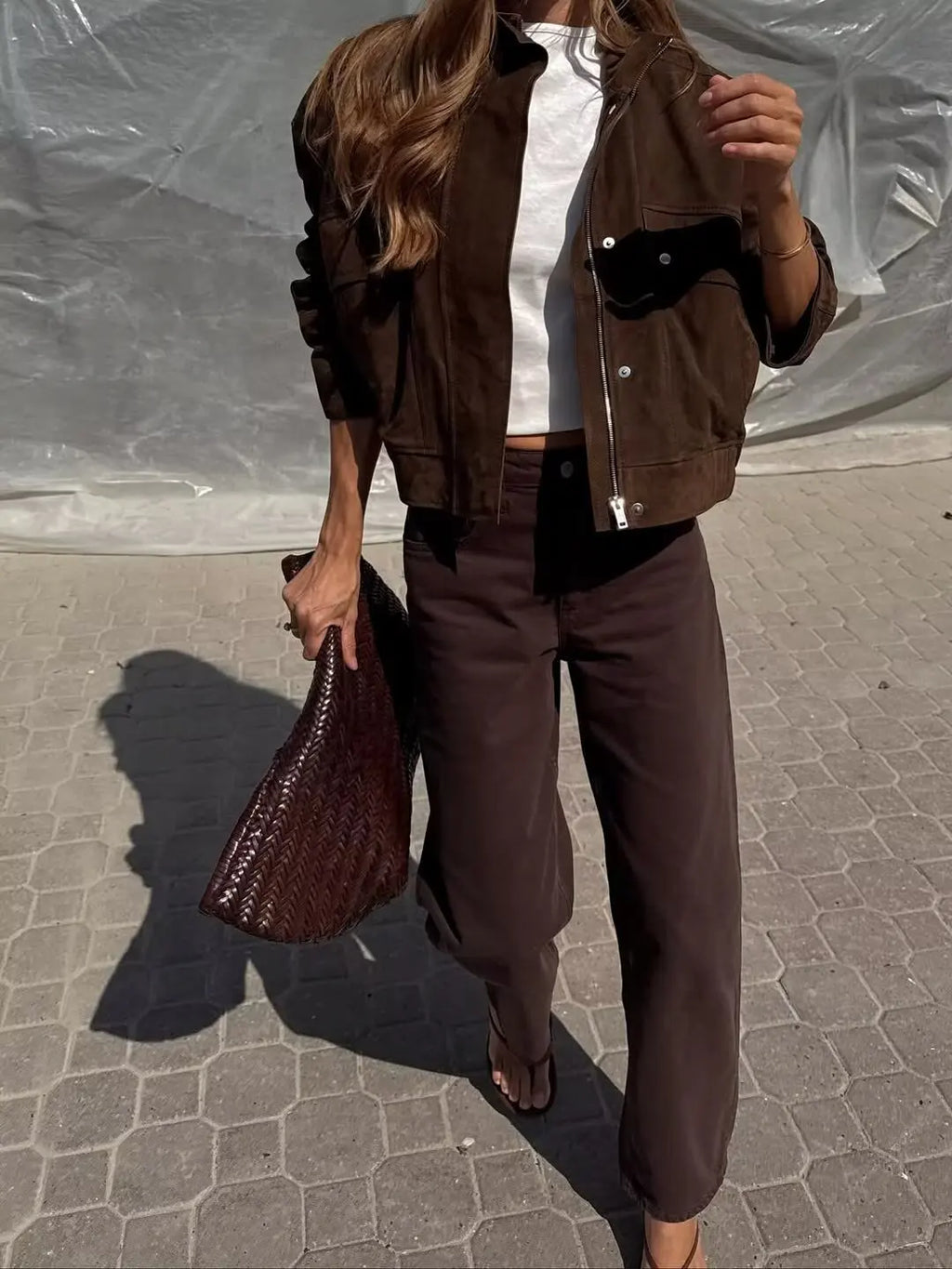 Veste femme effet suédine col montant – manteau chic automne/hiver