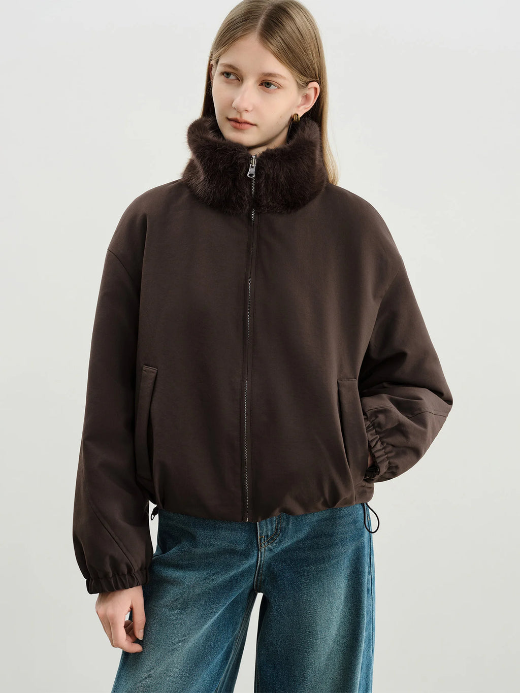 Veste courte réversible femme à col en fausse fourrure – style vintage workwear