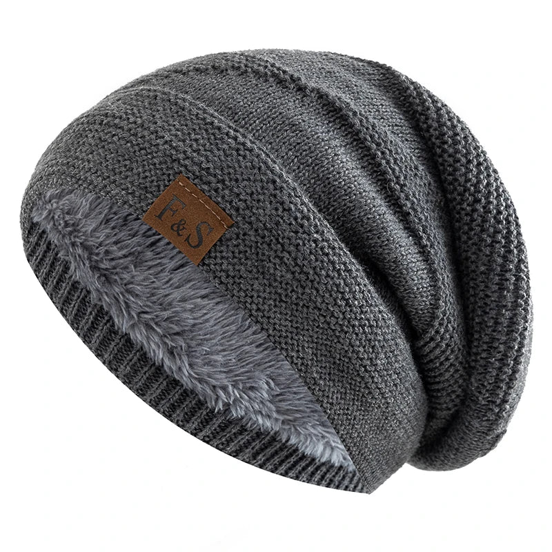 New Unisex Slouchy Winter Hats Add Fur Lined Men And Women Warm Beanie Cap Casual Label Decor Winter Knitted Hats - Vestico