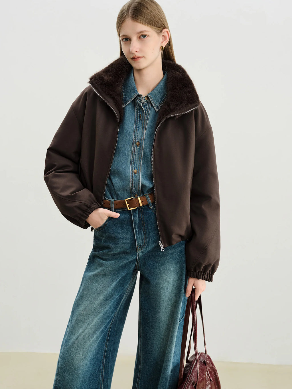 Veste courte réversible femme à col en fausse fourrure – style vintage workwear