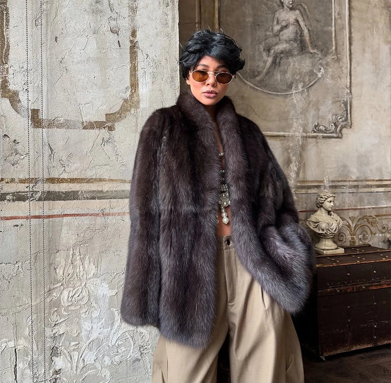 Veste Courte Femme en Fausse Fourrure Marron – Col Revers Col V Style Décontracté