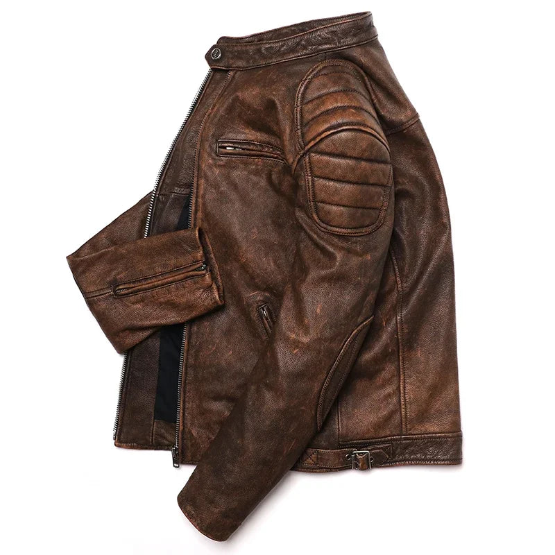 Veste Motard Homme en Cuir Véritable Camel – Style Vintage Slim - Vestico