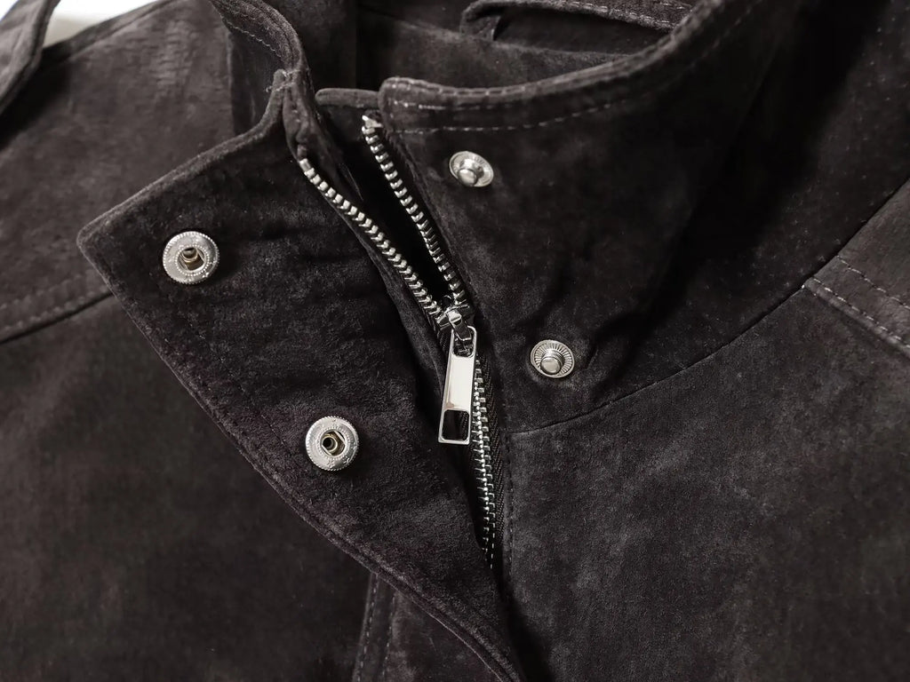 Veste Femme Suédée Grise – Col Montant, Fermeture Zippée, Style Streetwear Automne/Hiver 2025 - Vestico