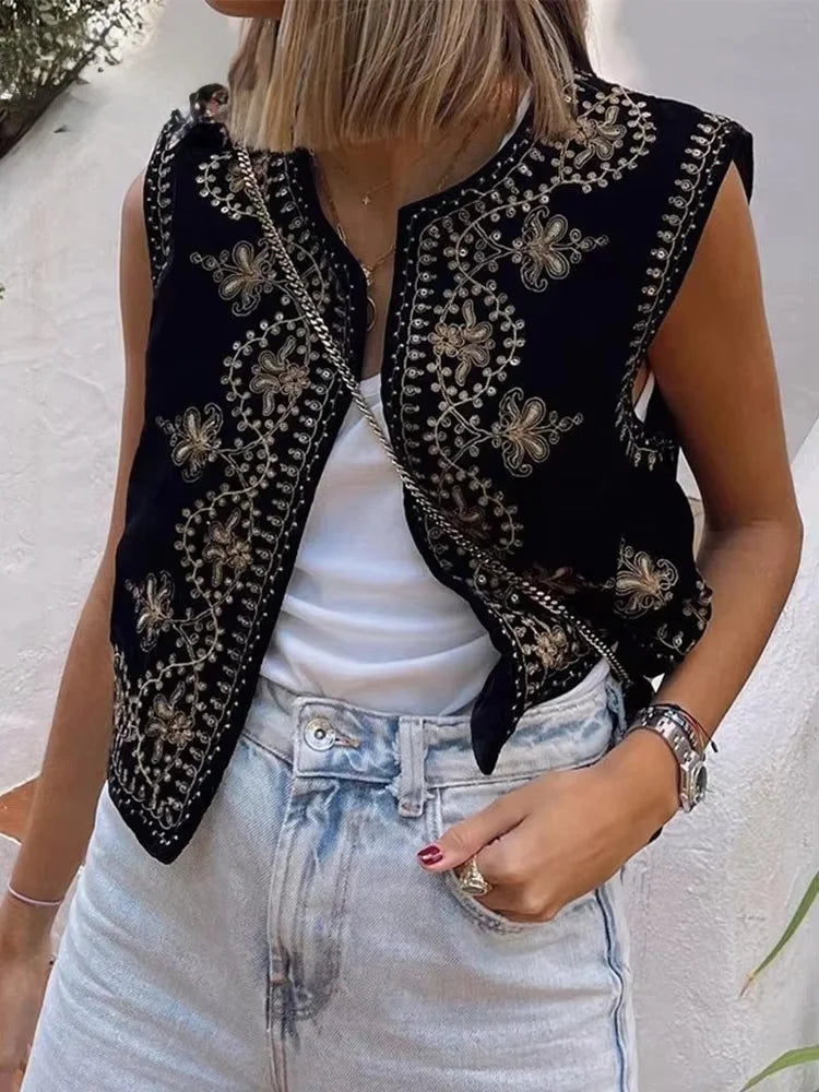 Gilet Femme Vintage Velours Brodé – Sans Manches Col V - Vestico