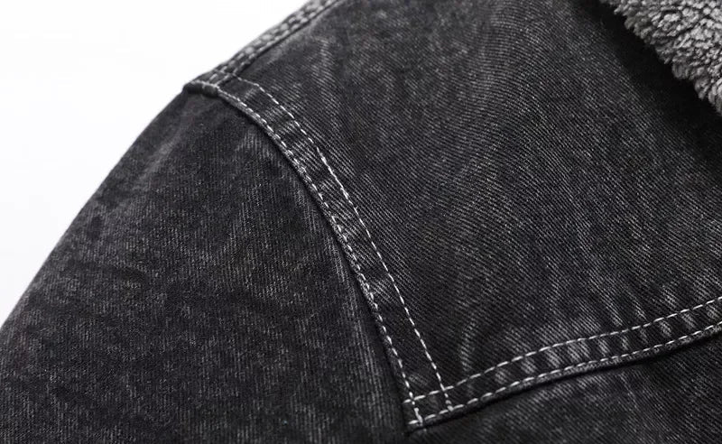 Veste Homme en Jean Noir Doublée Polaire Chaude, Décontractée et Élégante – Automne / Hiver
