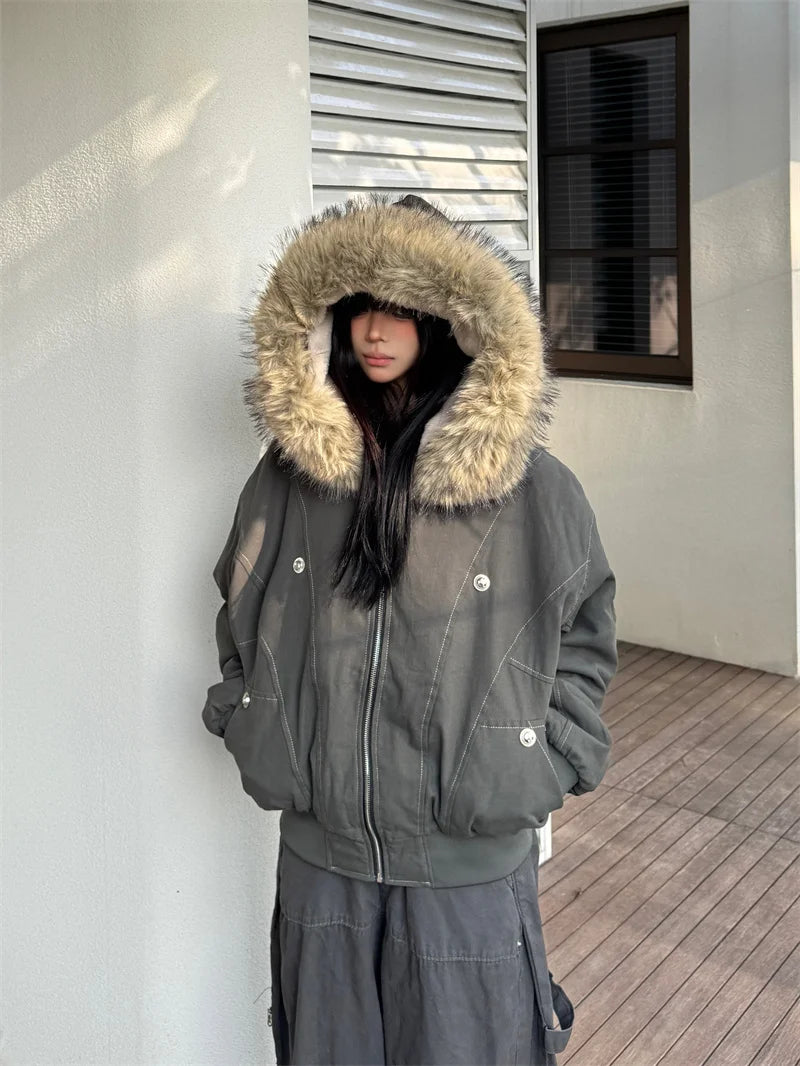 Parka d’hiver à capuche avec col en fausse fourrure – style Y2K streetwear