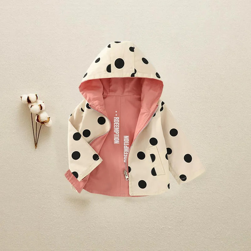 1 2 3 4 5 Years Girls Jacket Spring Autumn Dots Double Sided Fashion Princess Windbreaker Hooded Zipper Baby Coat Kids Clothes - Vestico