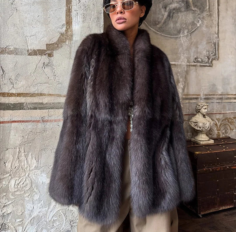 Veste Courte Femme en Fausse Fourrure Marron – Col Revers Col V Style Décontracté