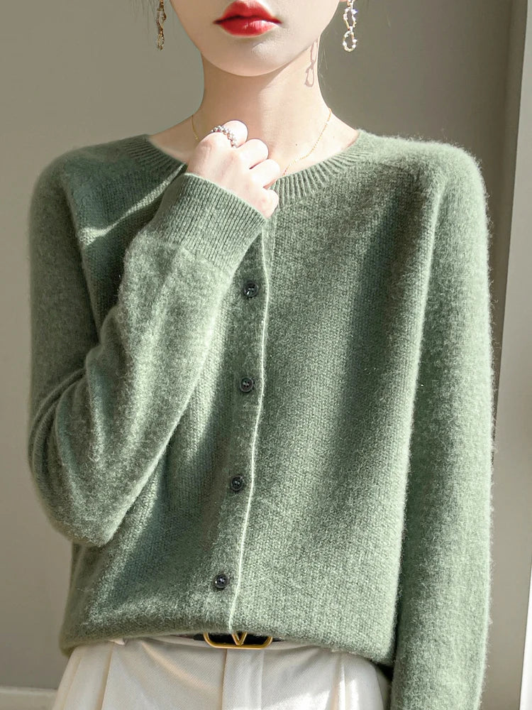 Cardigan Femme 100 % Laine Mérinos – Col Rond, Boutonné & Doux - Vestico