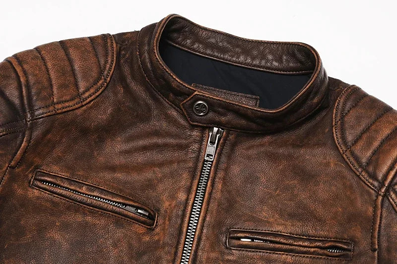 Veste Motard Homme en Cuir Véritable Camel – Style Vintage Slim - Vestico