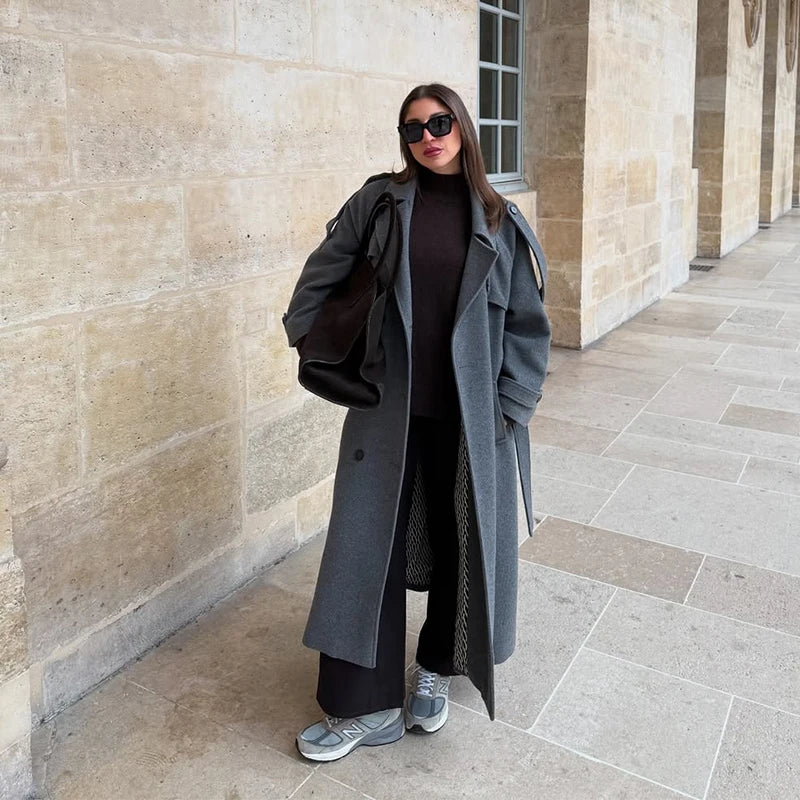 Manteau Long Élégant à Ceinture – Double Boutonnage Gris pour l’Automne/Hiver - Vestico