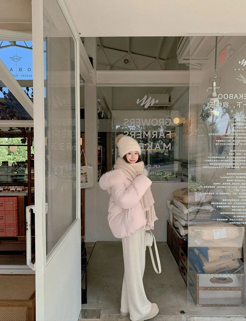 Parka femme rose à capuche – manteau d’hiver chaud style coréen