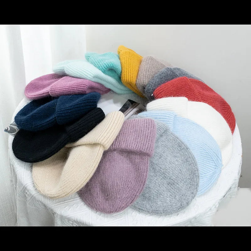 Winter Hats For Women Rabbit Fur Knitted Beanies Curled Thickened Keep Warm Bonnet Baggy Cap Female Soft Beanie Ski Cap - Vestico