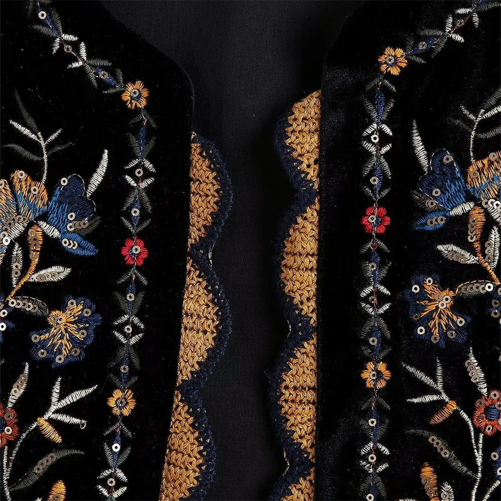 Gilet Femme Velours Brodé & Pailleté – Col Rond - Vestico