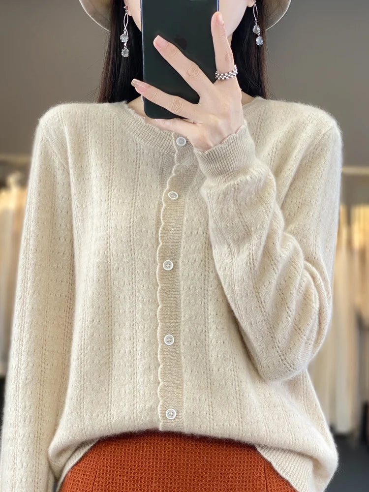 Cardigan Femme 100% Laine Mérinos – Design Dentelle et Tricot Creux - Vestico