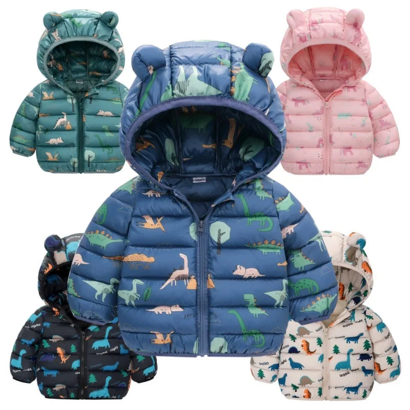 Children Boys Baby Hooded Lightweight Down Jackets Warm Outerwear Autumn Kids Girls Coats Cartoon Dinosaur Print Casual Clothing - Vestico