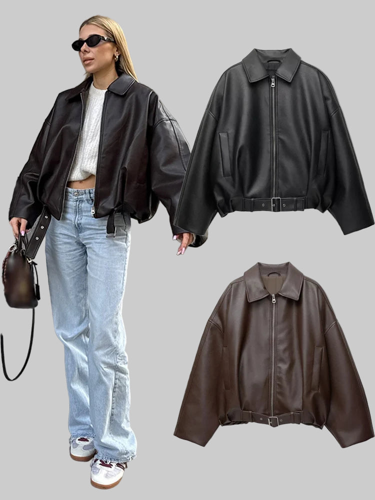 Veste Bomber Femme Simili Cuir Vintage – Coupe Loose avec Ceinture - Vestico