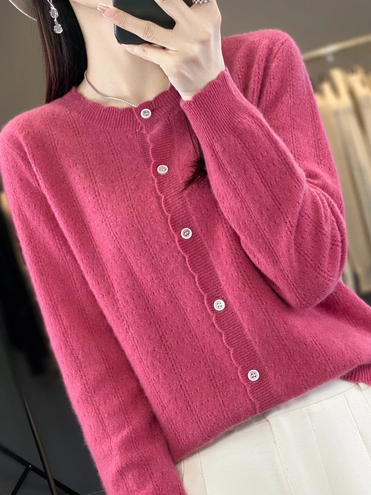 Cardigan Femme 100% Laine Mérinos – Design Dentelle et Tricot Creux - Vestico