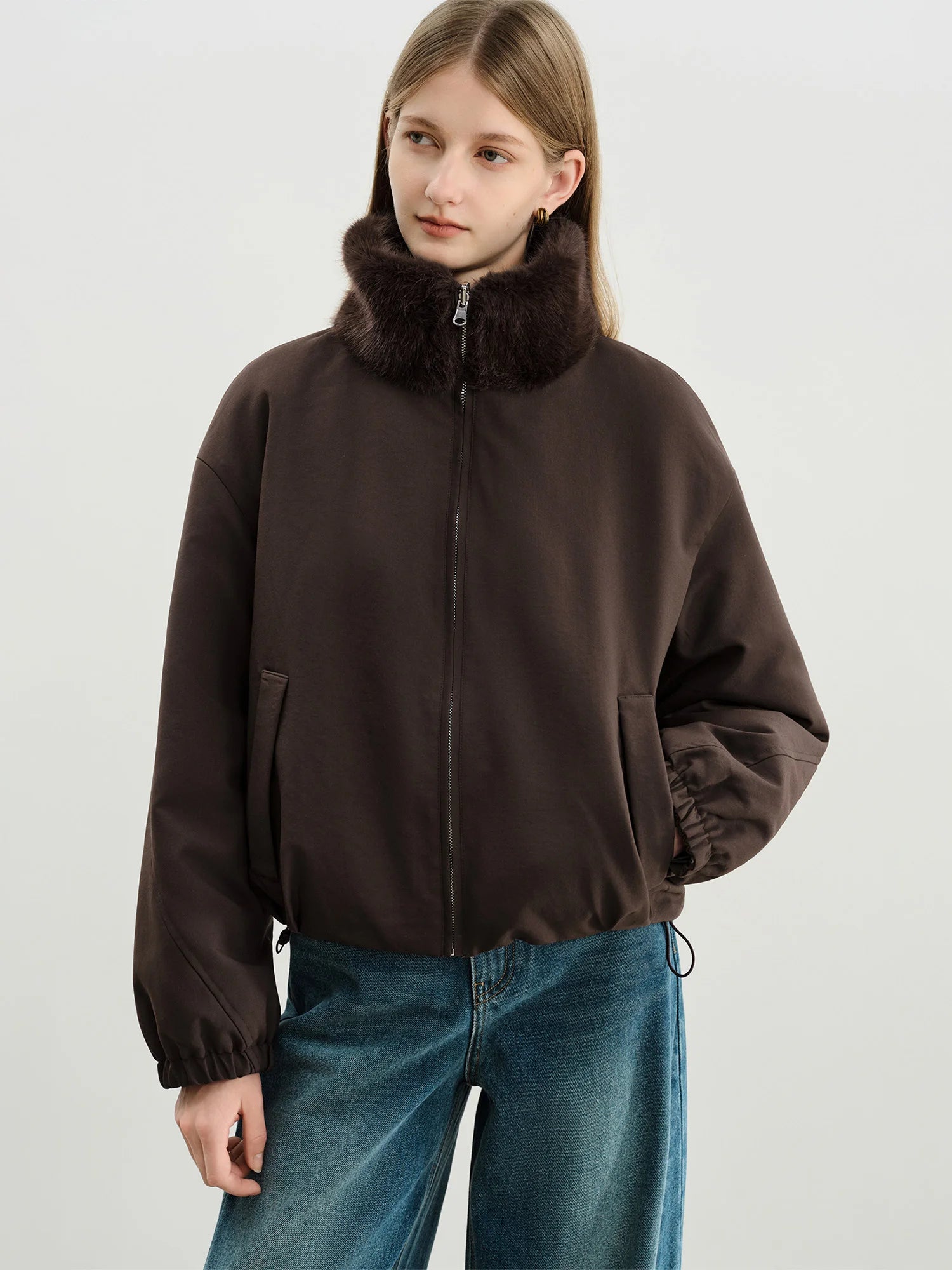 Veste courte réversible femme à col en fausse fourrure – style vintage workwear