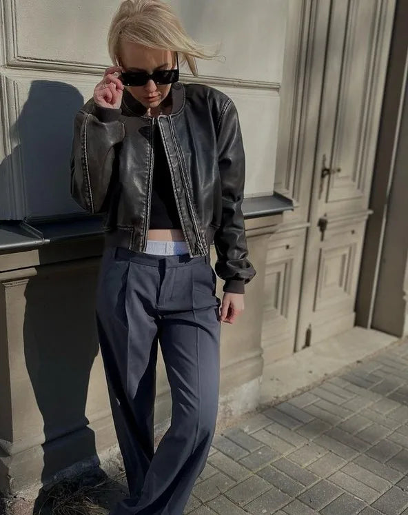 Veste Femme Vintage en Simili Cuir Lavé – Col Montant, Zippée, Style Motard Chic - Vestico