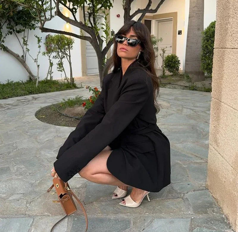 Blazer Femme Décontracté Ceinturé – Veste Élégante à Revers et Poches - Vestico