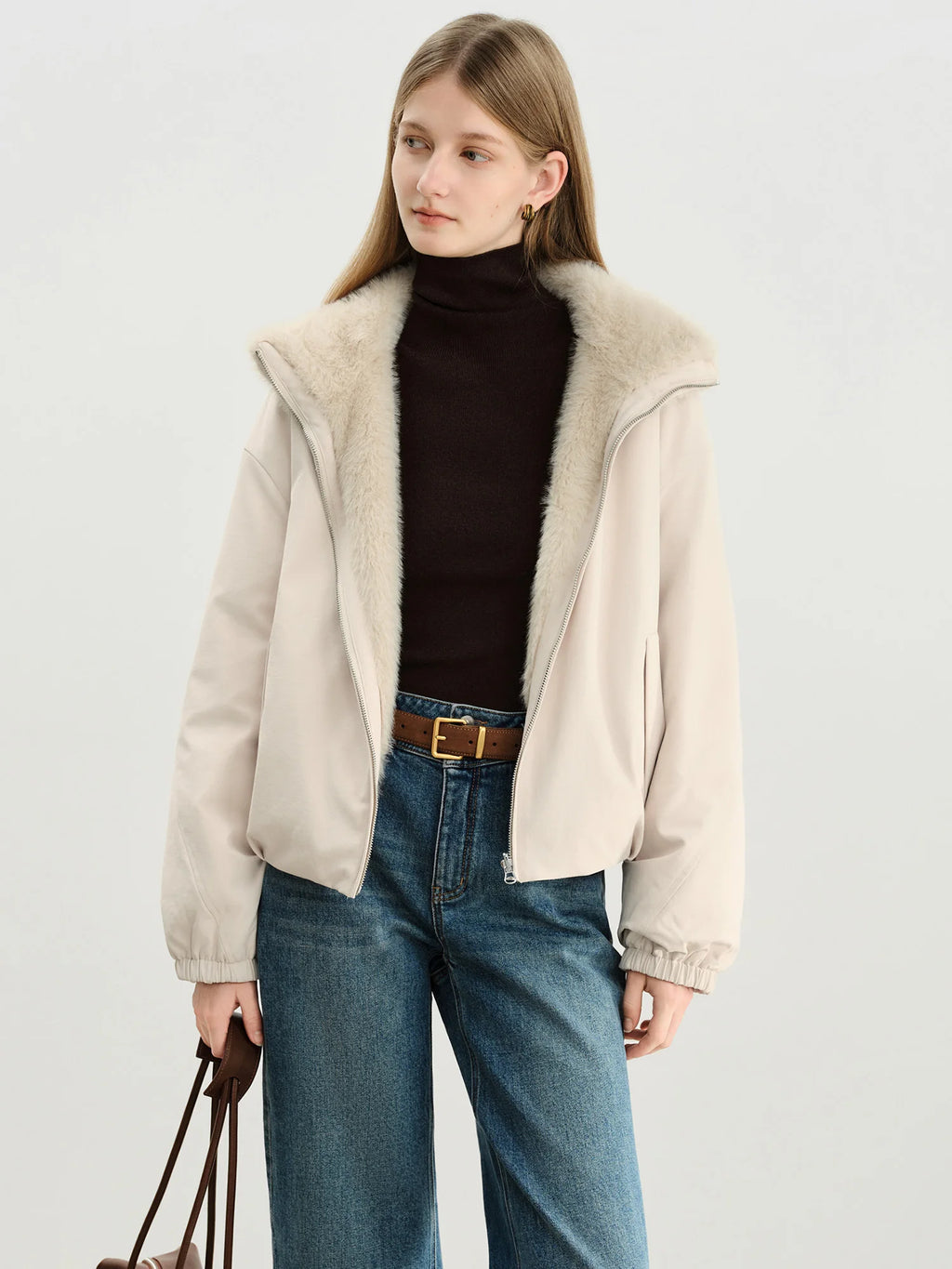 Veste courte réversible femme à col en fausse fourrure – style vintage workwear