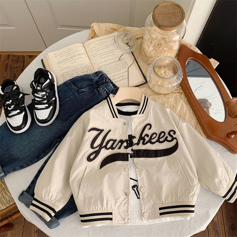 Children's Jackets 2025 Spring Boys Girls Baseball Coats New Kids Embroidered Letters Cardigan Autumn Fashion Outerwear Clothing - Vestico