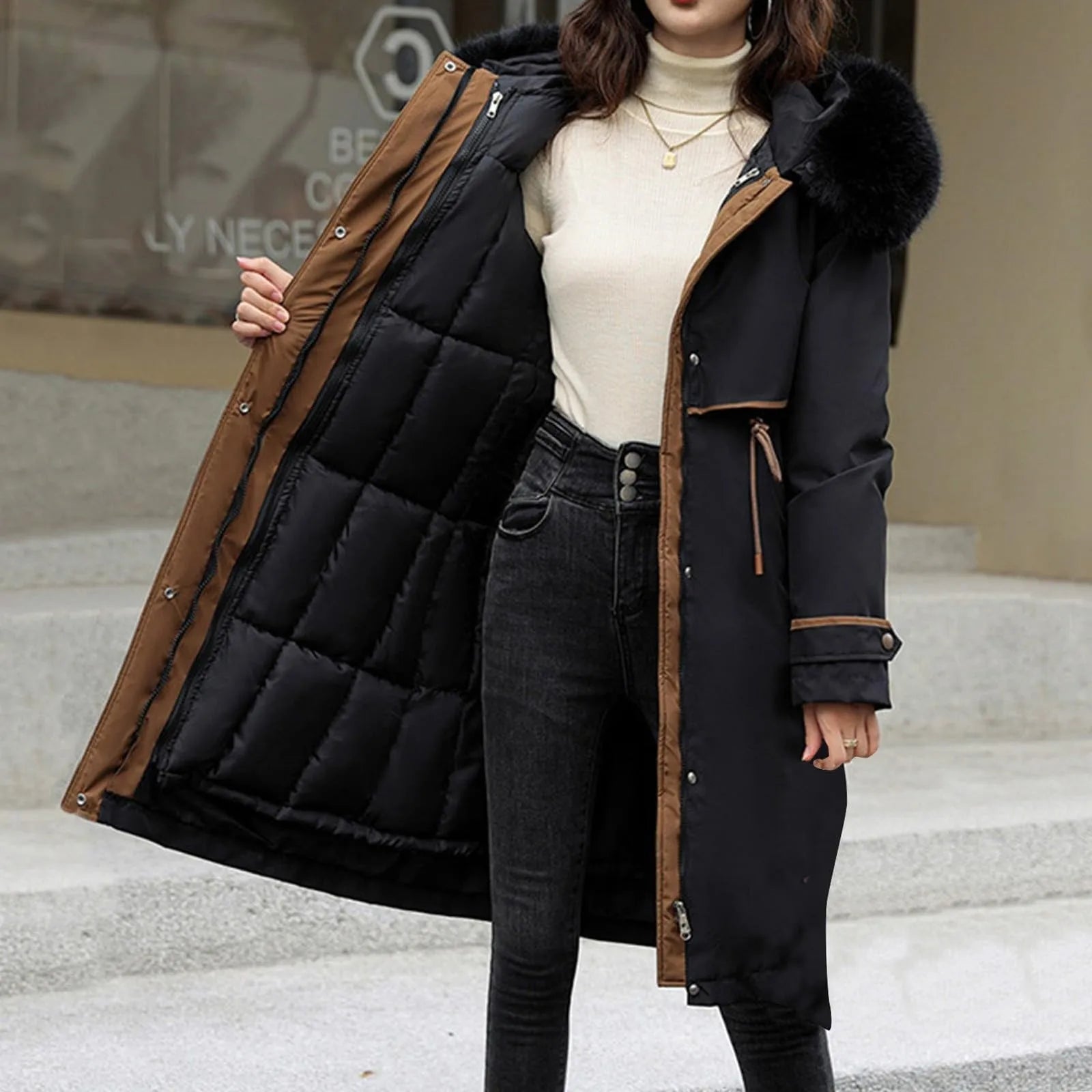 Manteau long femme à capuche – style coréen chaud pour l’hiver