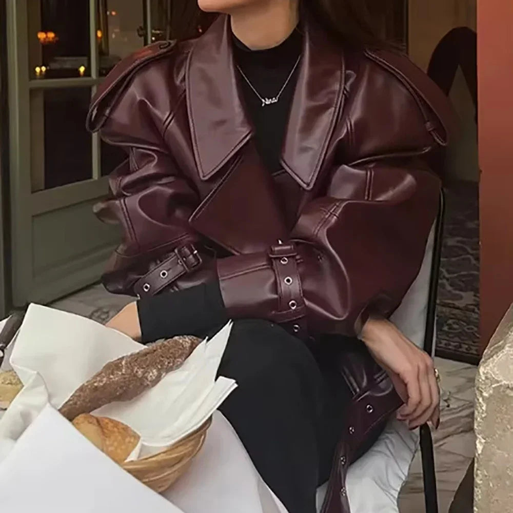 Veste PU Rouge Vin Femme – Style Street & Slim Fit - Vestico