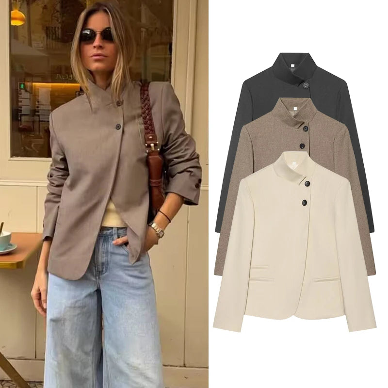 Blazer Femme Élégant – Coupe Moderne, Col Montant & Style Casual