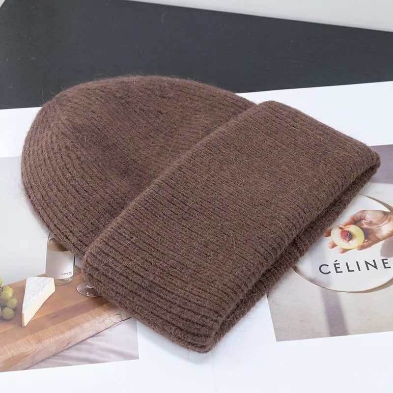 Winter Hats For Women Rabbit Fur Knitted Beanies Curled Thickened Keep Warm Bonnet Baggy Cap Female Soft Beanie Ski Cap - Vestico