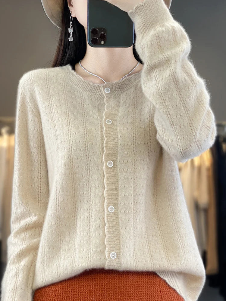 Cardigan Femme 100% Laine Mérinos – Design Dentelle et Tricot Creux - Vestico