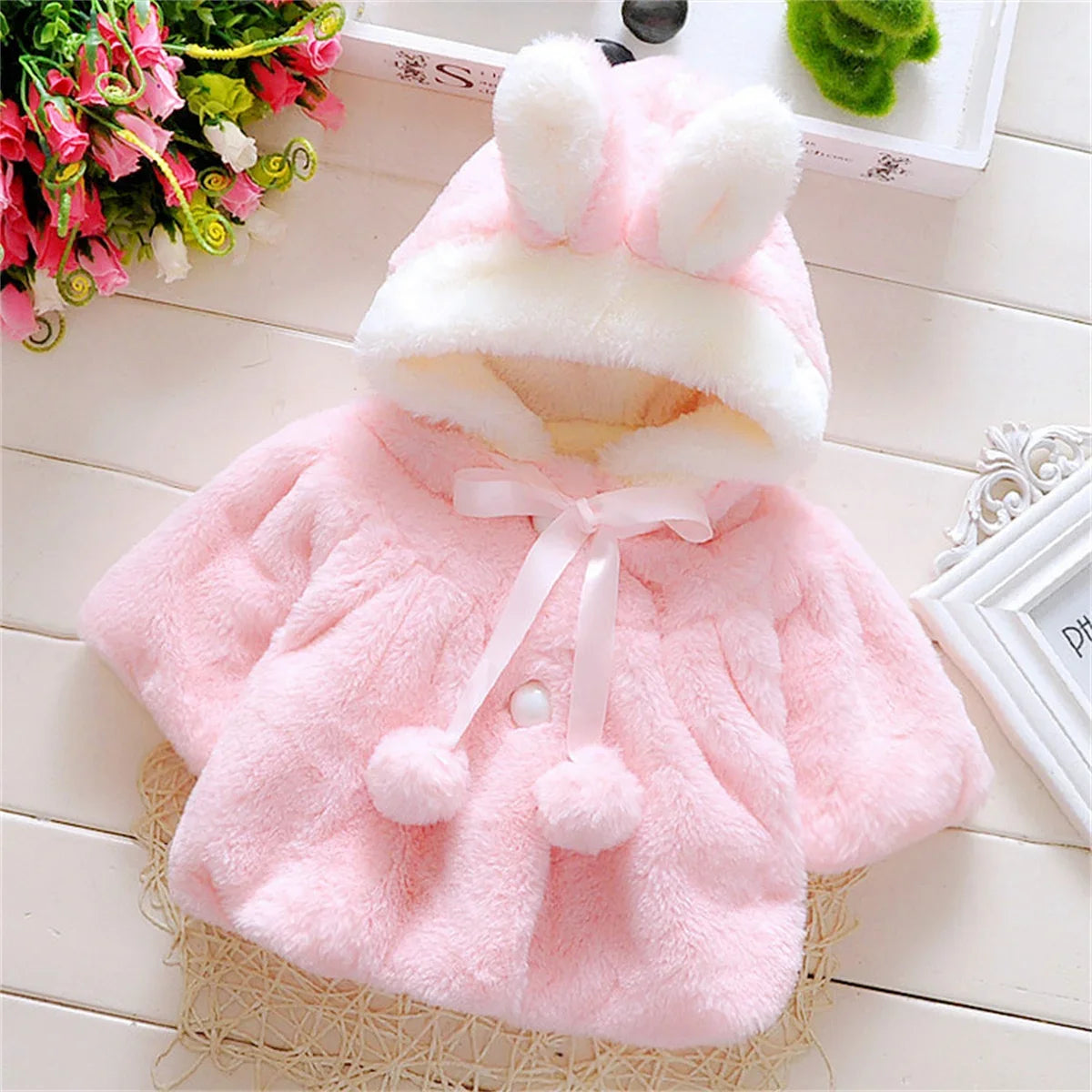 Winter Baby Girl Jacket Sweet And Cute Warm Hooded Rabbit Ear Wool Sweater Minimalist Children'S Clothing Suitable For 0-3 Year - Vestico