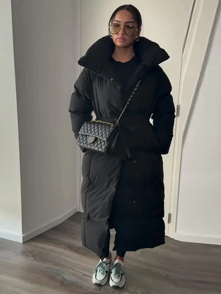 Manteau long matelassé femme – col montant élégant avec poches