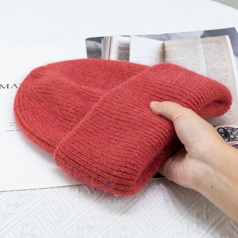 Winter Hats For Women Rabbit Fur Knitted Beanies Curled Thickened Keep Warm Bonnet Baggy Cap Female Soft Beanie Ski Cap - Vestico