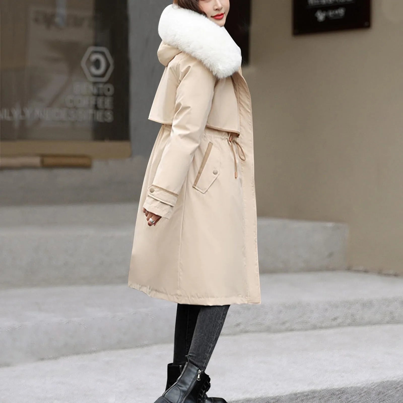Manteau long femme à capuche – style coréen chaud pour l’hiver