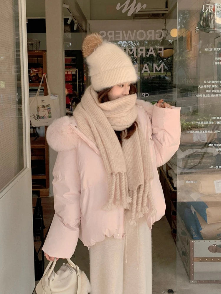 Parka femme rose à capuche – manteau d’hiver chaud style coréen