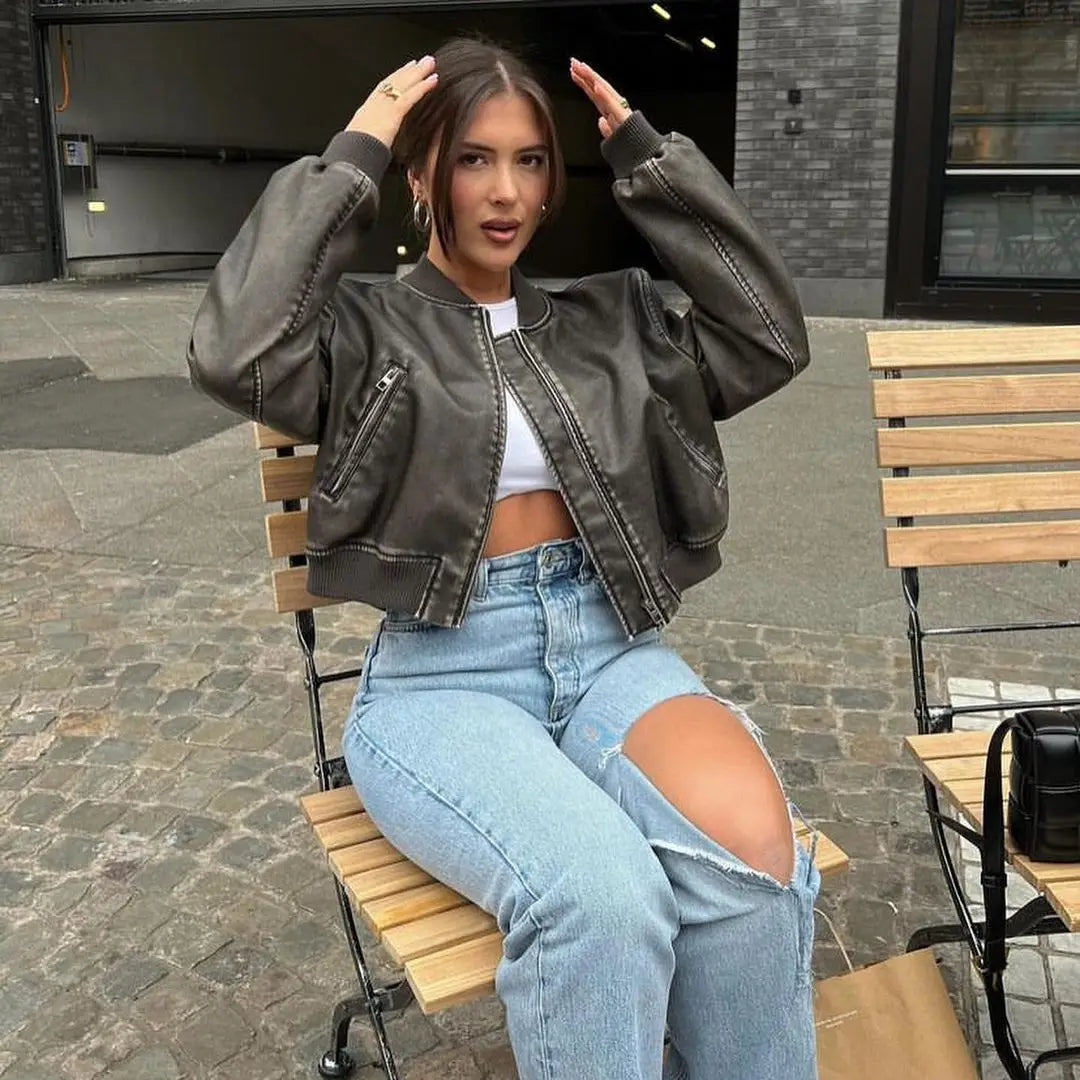 Veste Femme Vintage en Simili Cuir Lavé – Col Montant, Zippée, Style Motard Chic - Vestico