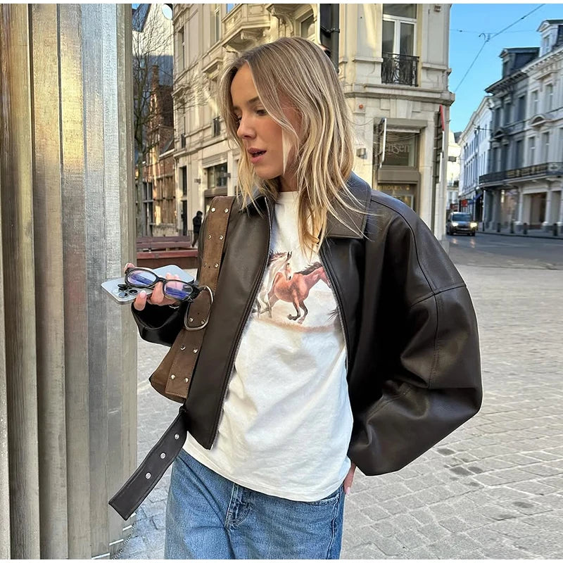 Veste Bomber Femme Simili Cuir Vintage – Coupe Loose avec Ceinture - Vestico