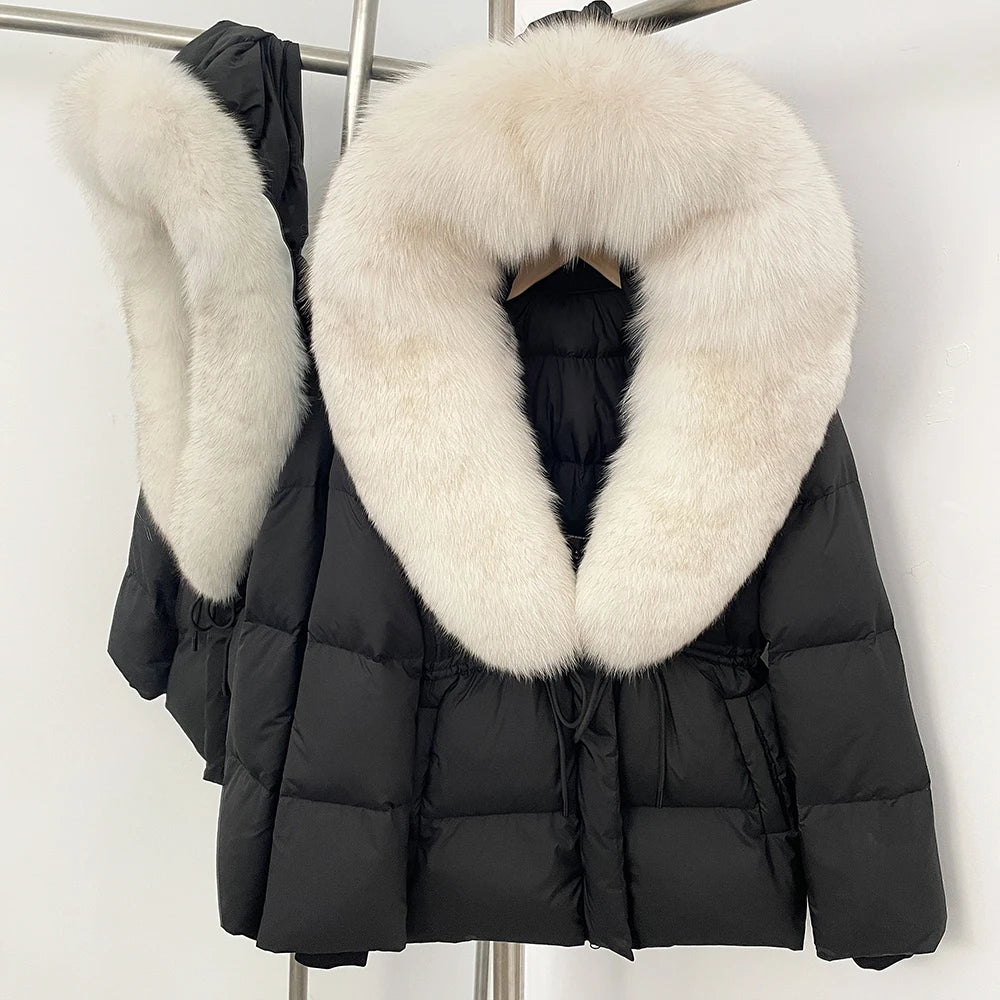 Doudoune femme avec capuche fourrure naturelle – manteau chaud luxe hiver