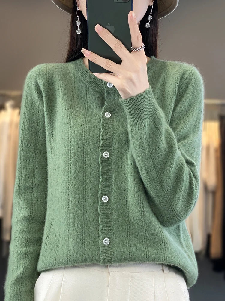 Cardigan Femme 100% Laine Mérinos – Design Dentelle et Tricot Creux - Vestico