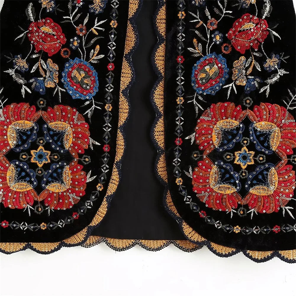 Gilet Femme Velours Brodé & Pailleté – Col Rond - Vestico