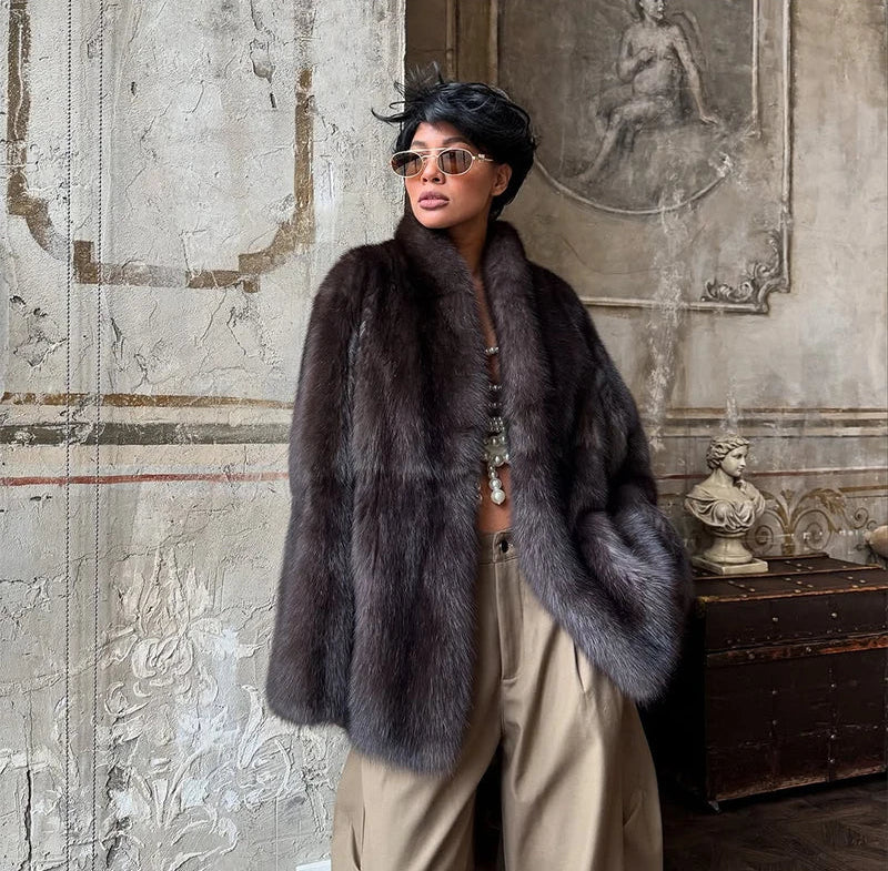 Veste Courte Femme en Fausse Fourrure Marron – Col Revers Col V Style Décontracté