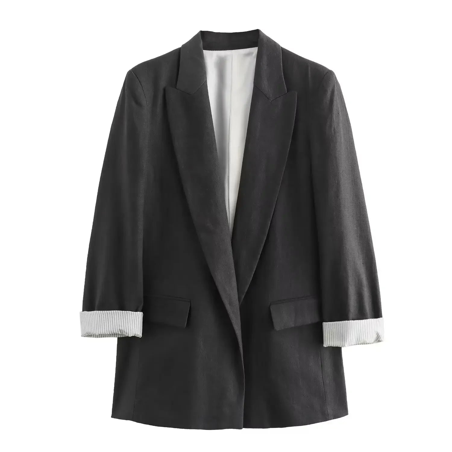 Blazer Femme Chic en Lin – Col Revers, Manches Longues Repliées, Style Business Décontracté - Vestico