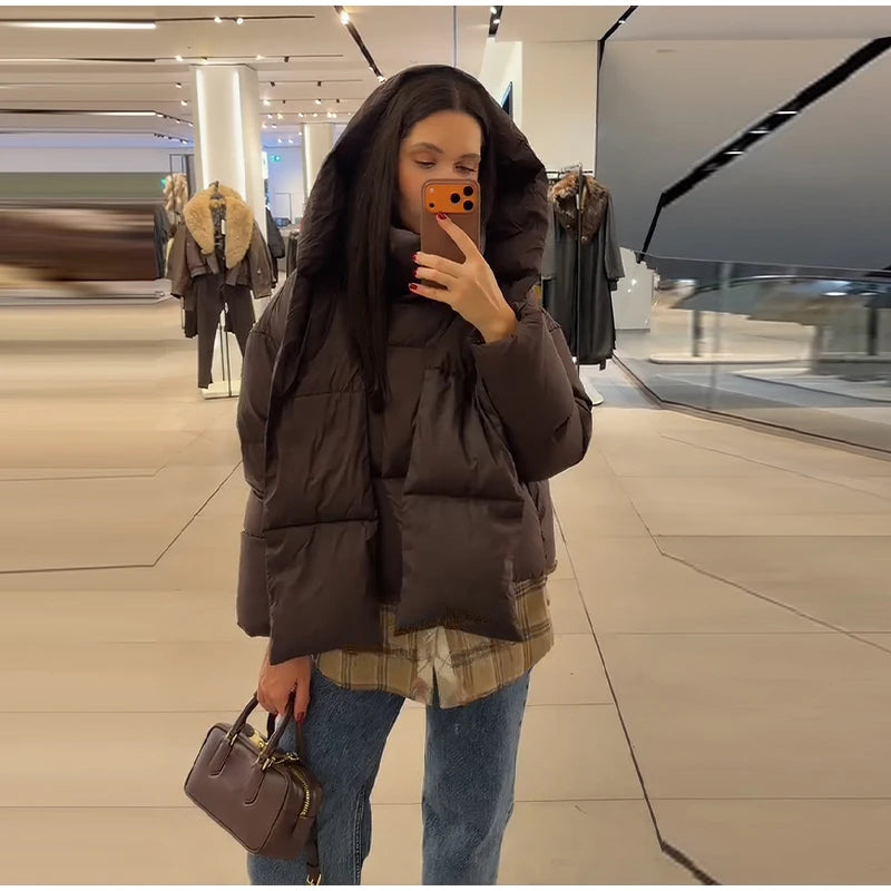 Manteau hiver femme à capuche – col écharpe chaud et doux