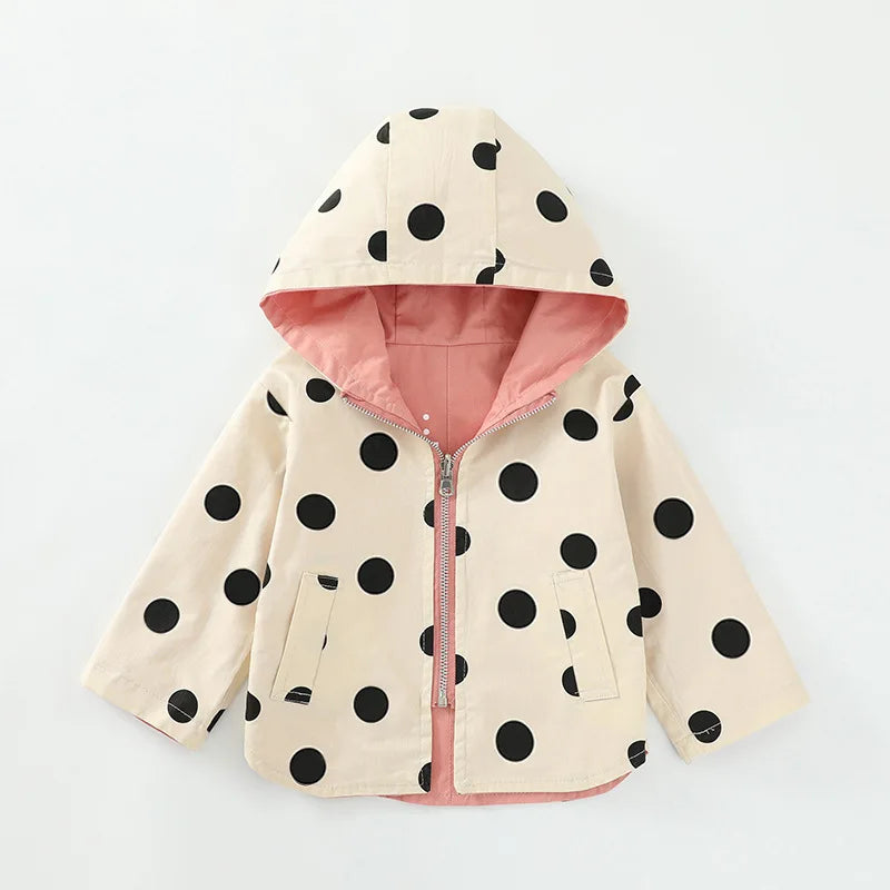 1 2 3 4 5 Years Girls Jacket Spring Autumn Dots Double Sided Fashion Princess Windbreaker Hooded Zipper Baby Coat Kids Clothes - Vestico