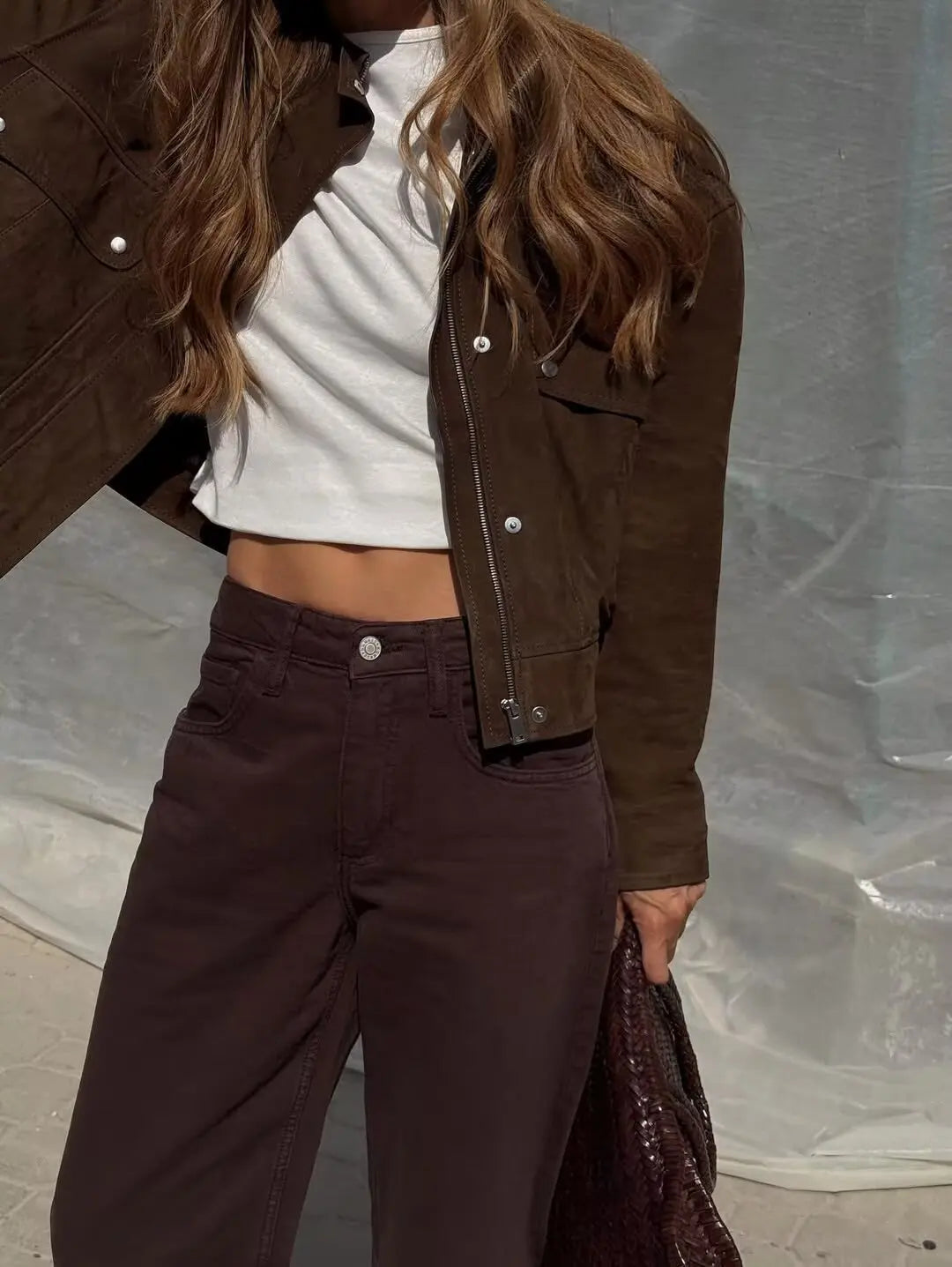 Veste femme effet suédine col montant – manteau chic automne/hiver