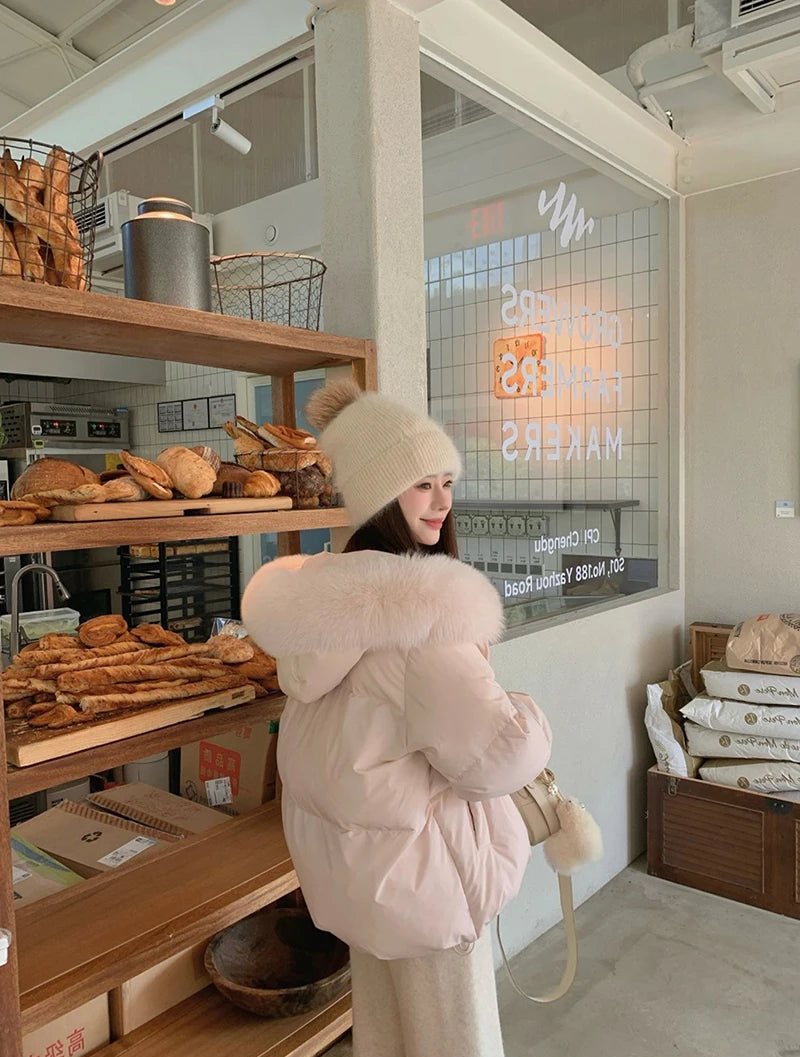Parka femme rose à capuche – manteau d’hiver chaud style coréen