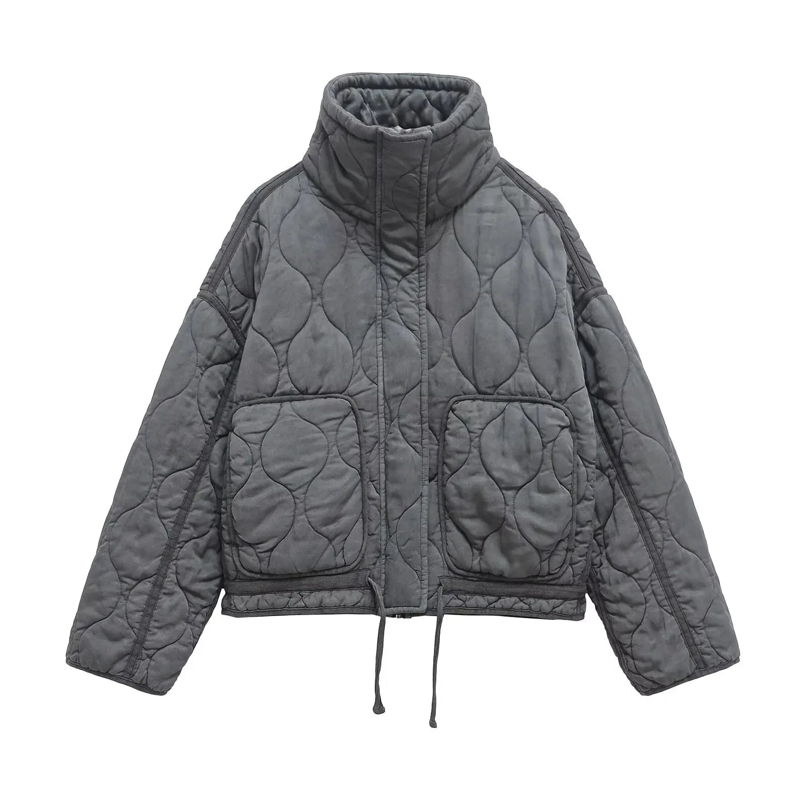 Veste Matelassée Femme Col Montant avec Cordon à la Taille, Style Rétro Décontracté Automne/Hiver 2025